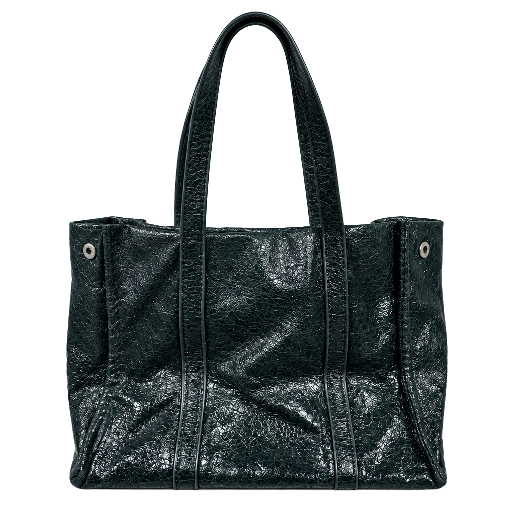 Unbranded Black Glossy Crackled Faux Leather Tote Handbag 1