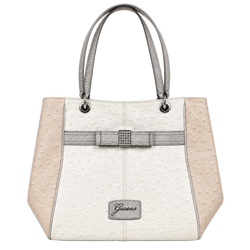 Guess Ostrich Embossed Tote Shoulder Bag White Beige Bow Rhinestone 1