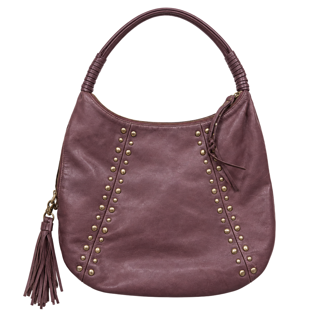 Charles Blake Brown Leather Studded Hobo Shoulder Bag with Tassel 1