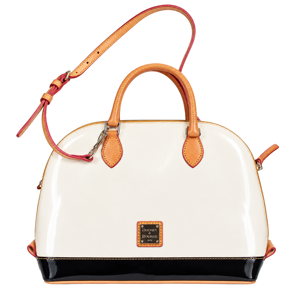 Dooney & Bourke Zip Zip Satchel Patent Leather Pearl White Tan 1