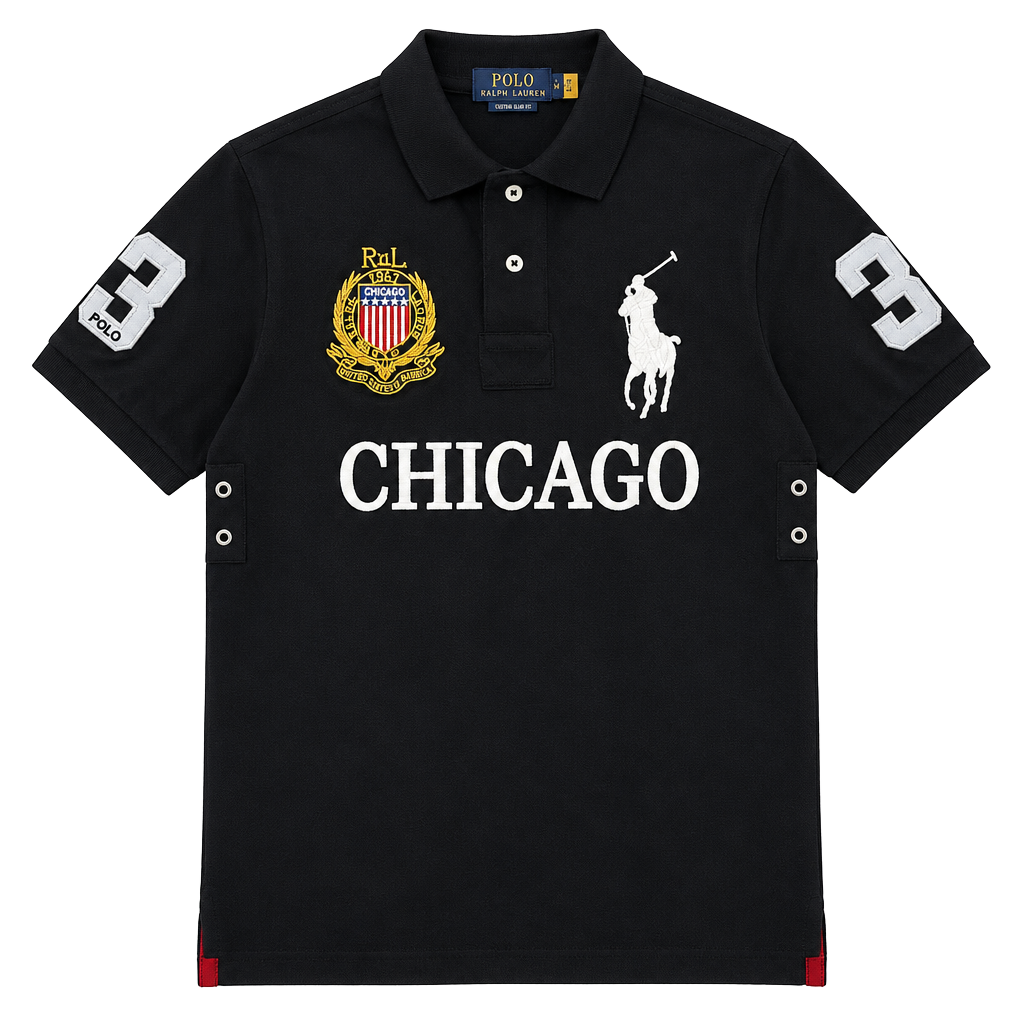 Polo Ralph Lauren Chicago USA #3 Polo Shirt Black Gold Crest Embroidered 1