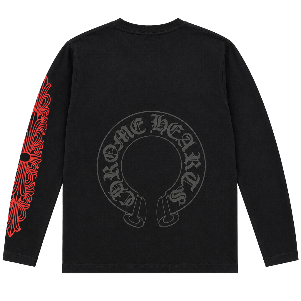 Chrome Hearts Black Red Vine Horseshoe Long Sleeve Pocket T-Shirt 1