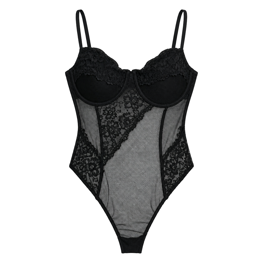Garage Black Lace and Mesh Bodysuit with Adjustable Straps 1