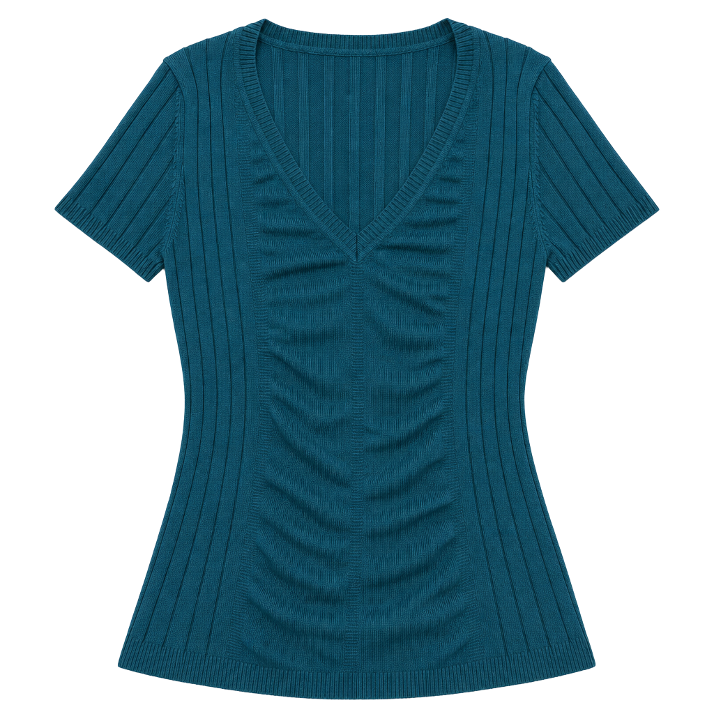 United States Sweaters Teal Ribbed V-Neck Short Sleeve Ruched Fitted Knit Top 1