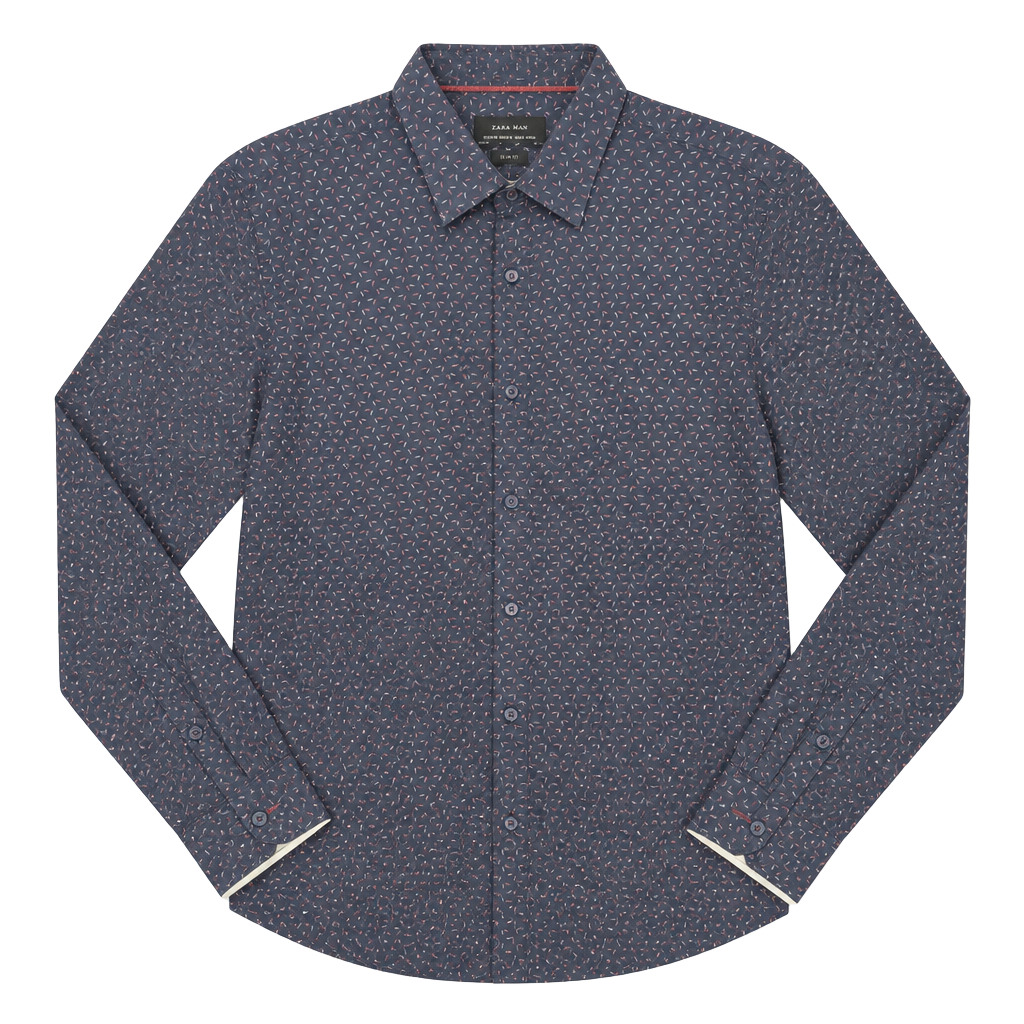 Zara Man Patterned Long Sleeve Slim Fit Shirt Size M Navy Red 1