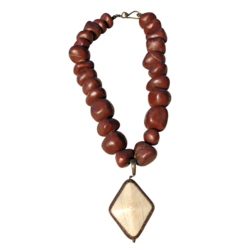 Vintage Brown Jasper Beaded Necklace with Diamond shapped Pendant 1