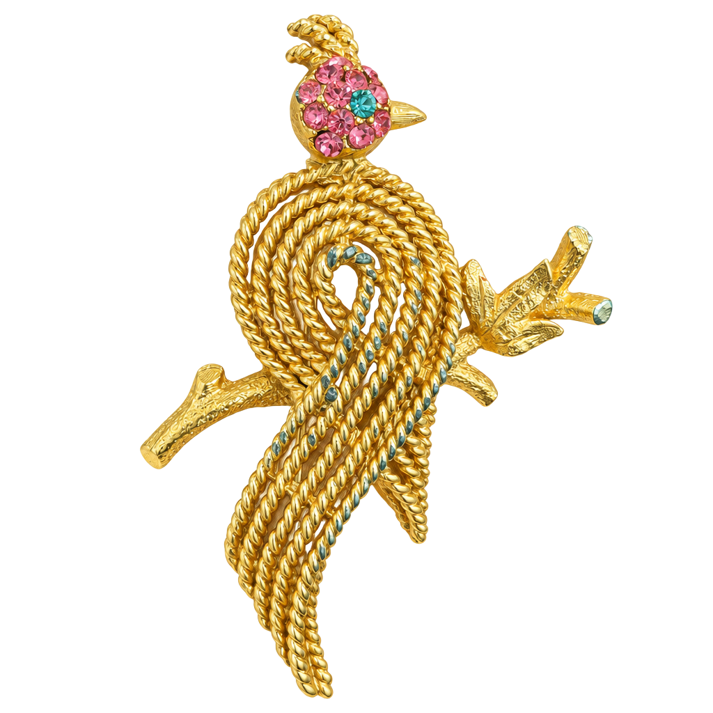 BSK Vintage Gold Bird On A Branch Rhinestone Brooch 1