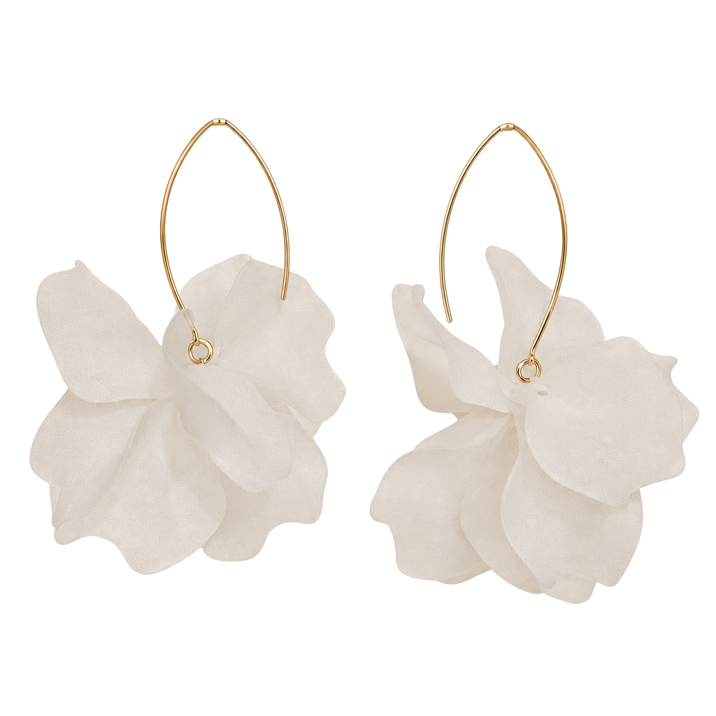 White Acrylic Flower Petal Drop Earrings Gold Tone Hooks 1