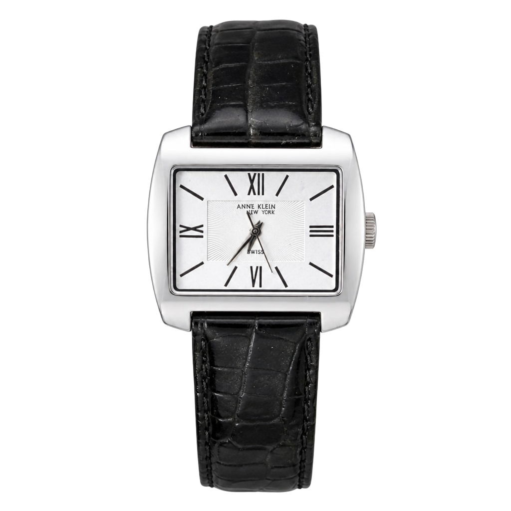Anne Klein New York Rectangular Watch with Black Croco-Grain Leather Strap 1