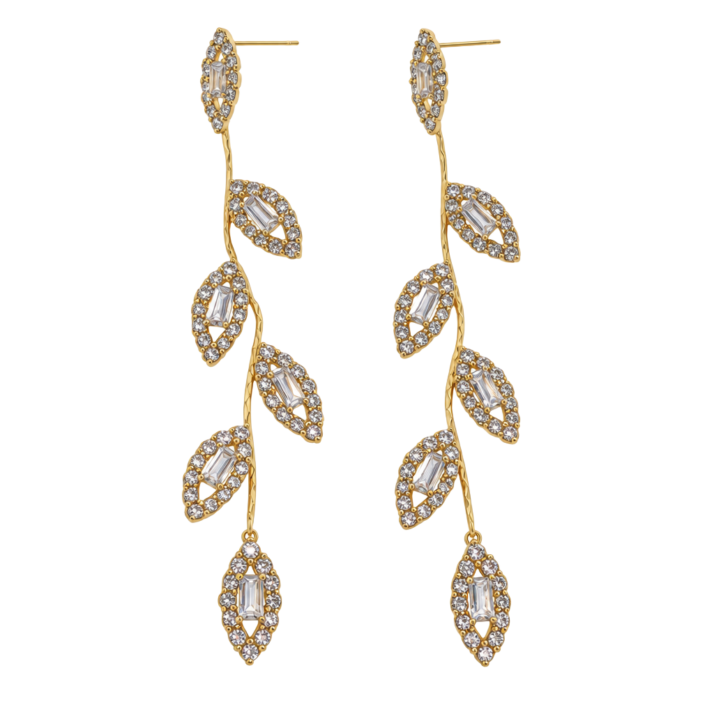 Gold Toned Rhinestone Leaf Drop Earrings 1