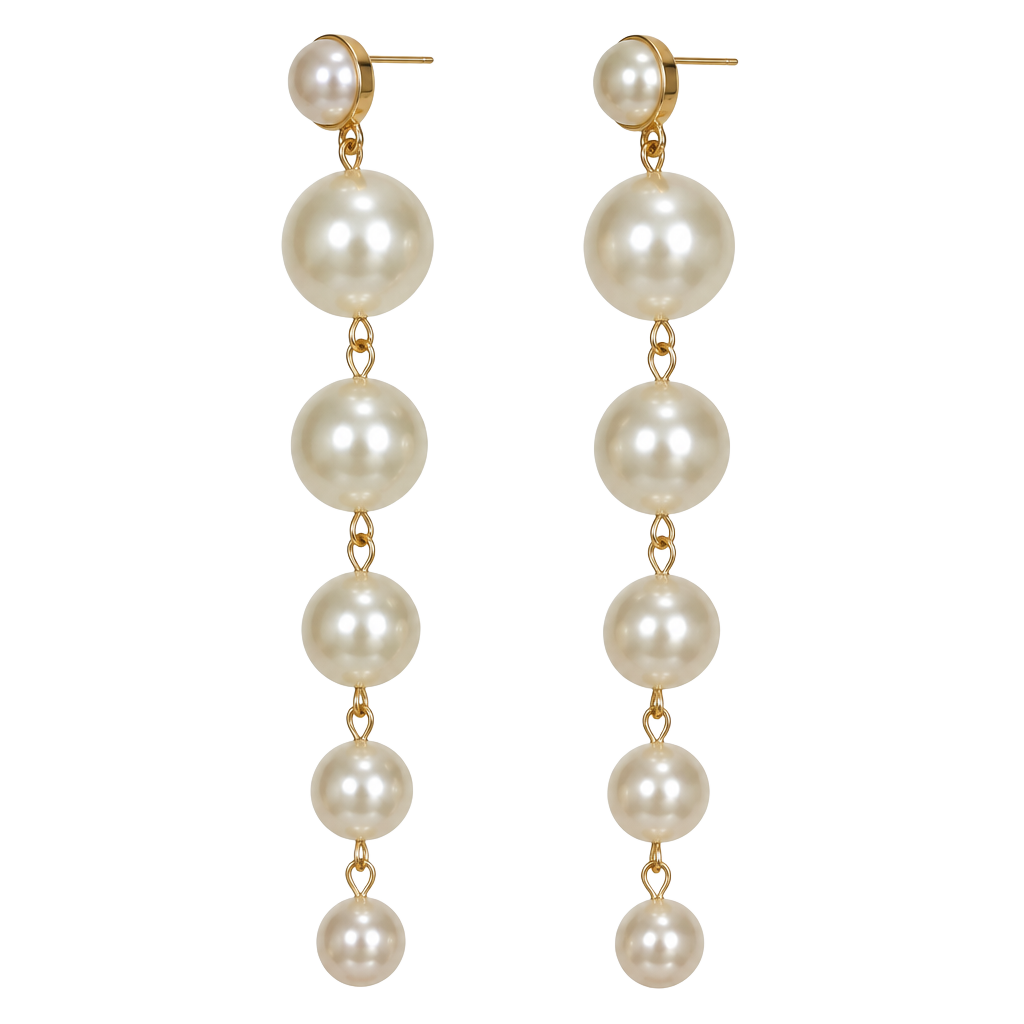 Long Graduated Faux Pearl Drop Earrings Gold Tone 1