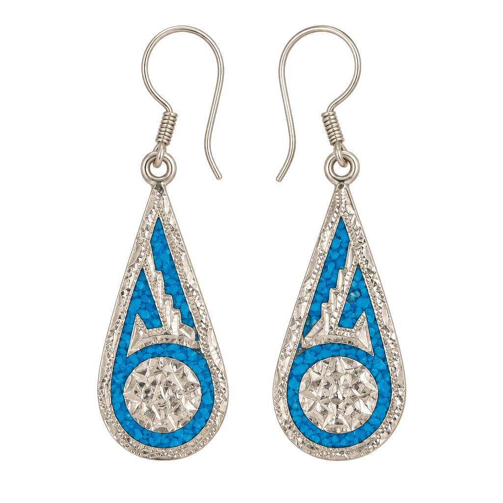 Mexican Sterling Silver Turquoise Mosaic Teardrop Earrings 1