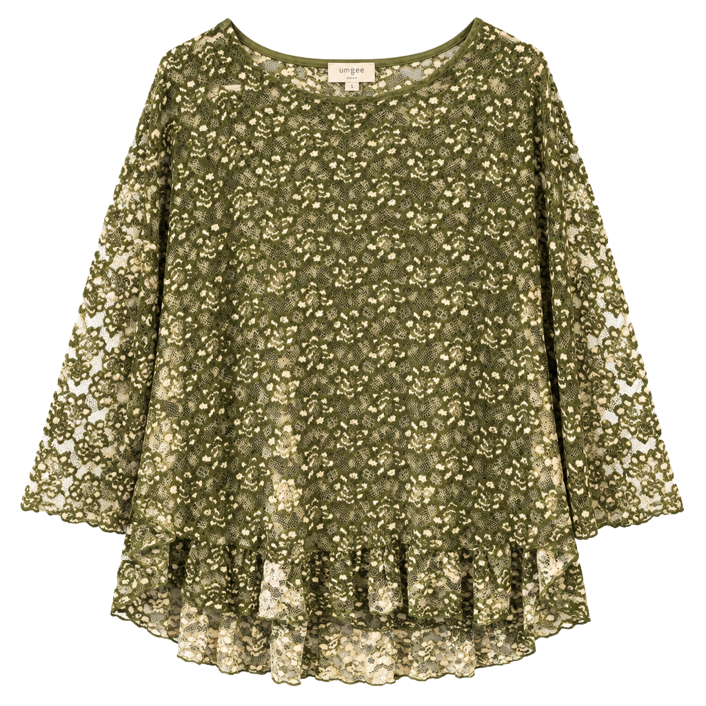 Umgee Olive Green Lace Ruffle Hem Top Size M 1
