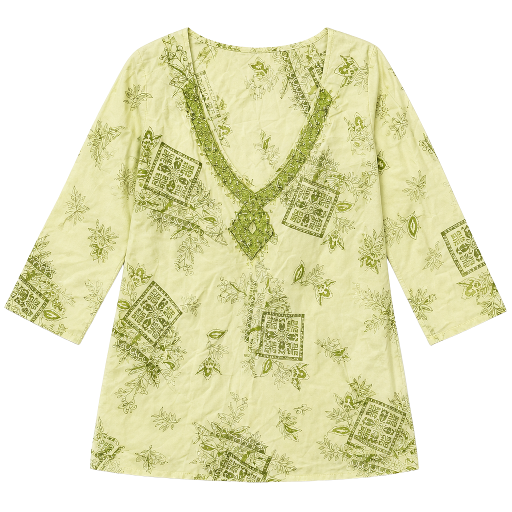 Baggage Women's 2X Green Floral Print Cotton V-Neck Tunic Blouse 1