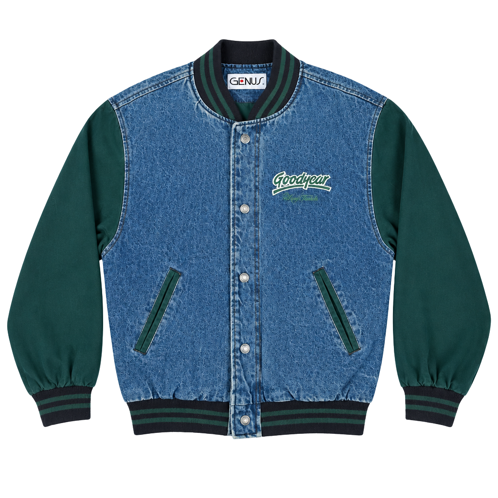 VTG 90s Genus Goodyear Tires Denim Varsity Jacket Small Blue Green Bomber 1
