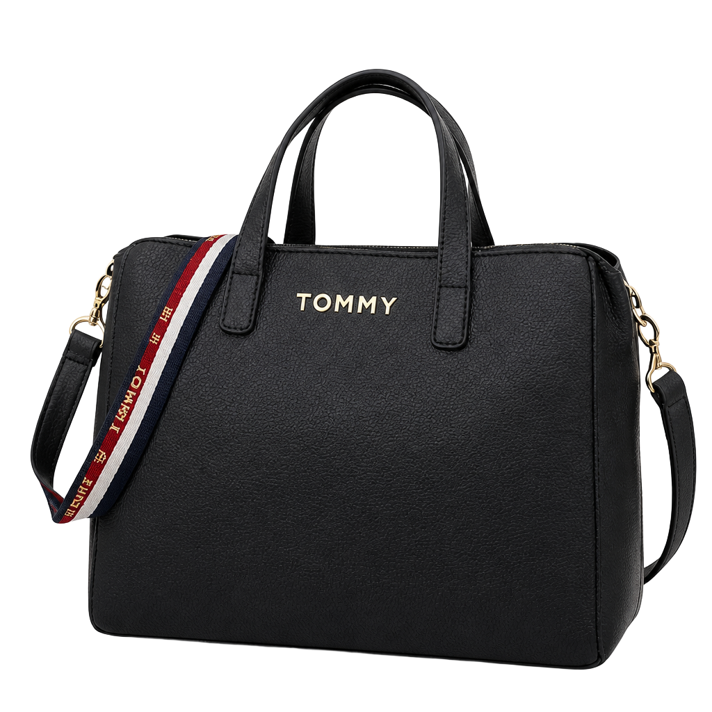 Tommy Hilfiger Iconic Logo Satchel Navy Blue Faux Leather Handbag 1