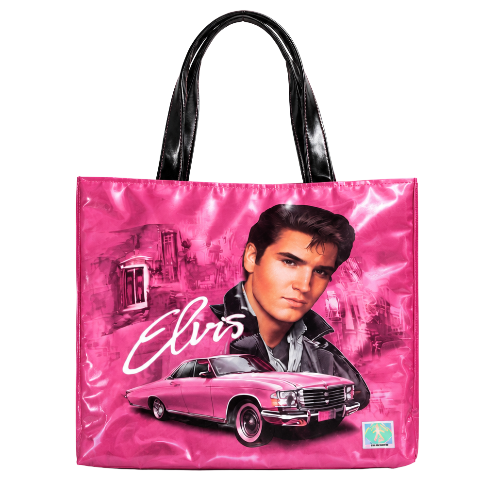 Elvis Presley Pink Cadillac Metallic Tote Bag with Black Vinyl Shoulders 1