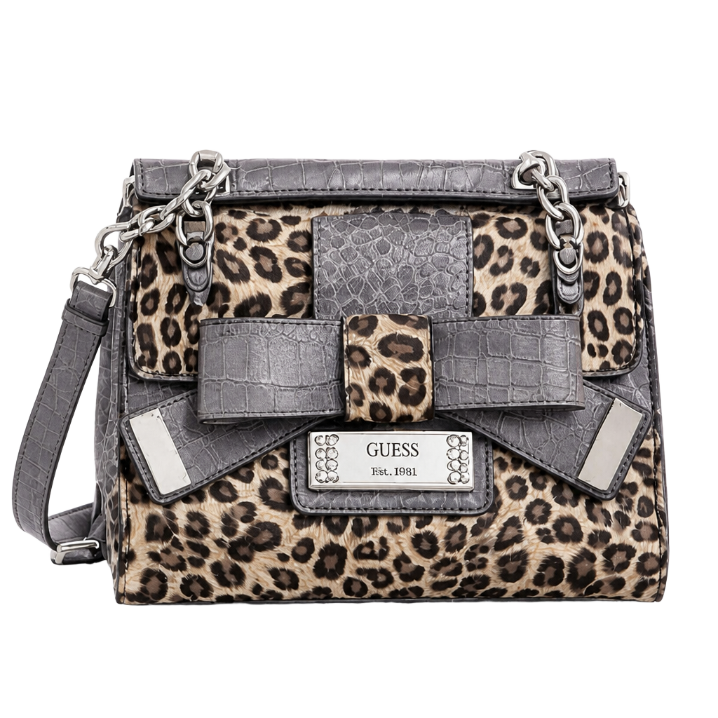 GUESS Leopard Print Flap Shoulder Bag with Croco Embossed Bow Detail 1