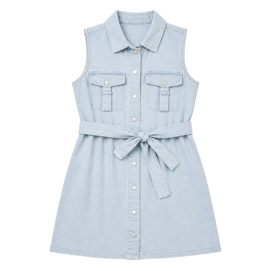 Love Culture Sleeveless Light Wash Denim Belted Mini Shirt Dress 1