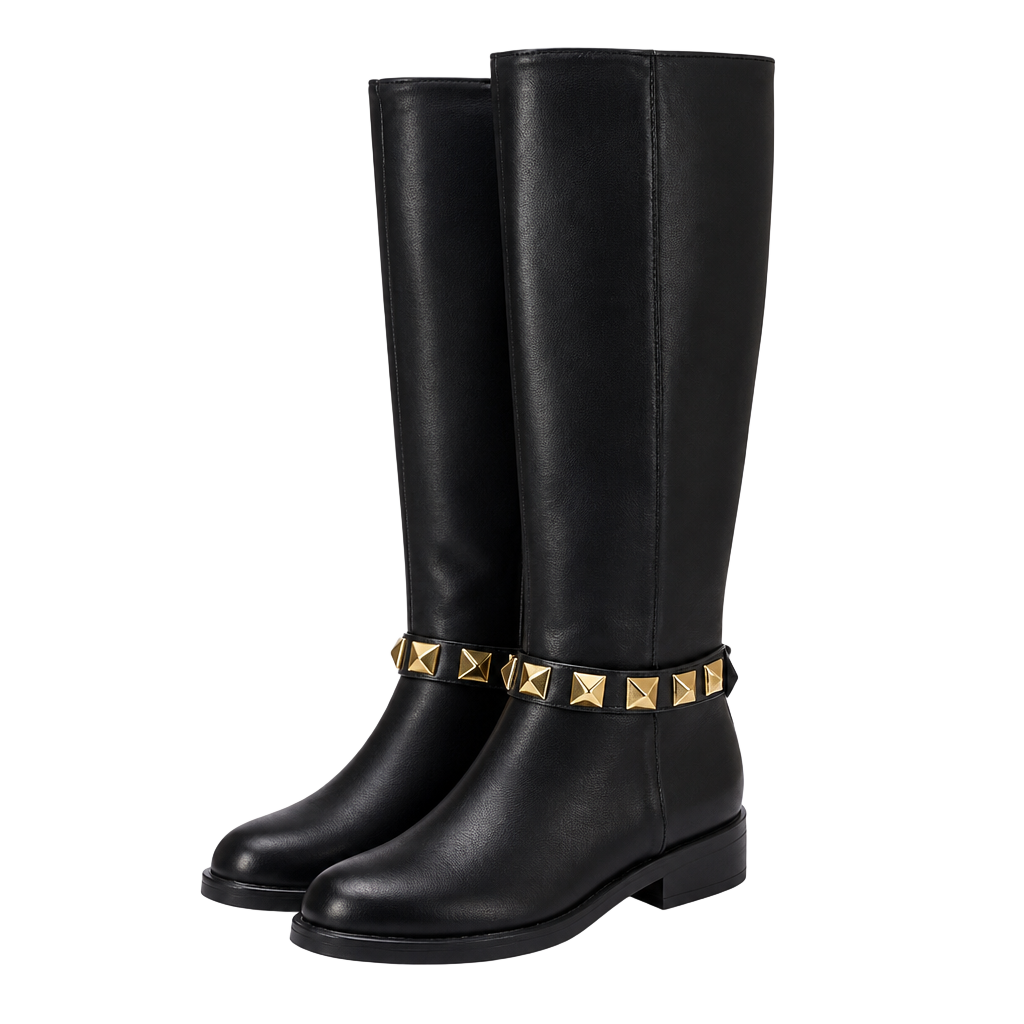 Women's Faux Leather Tall Riding Boots with Gold Studded Strap 1