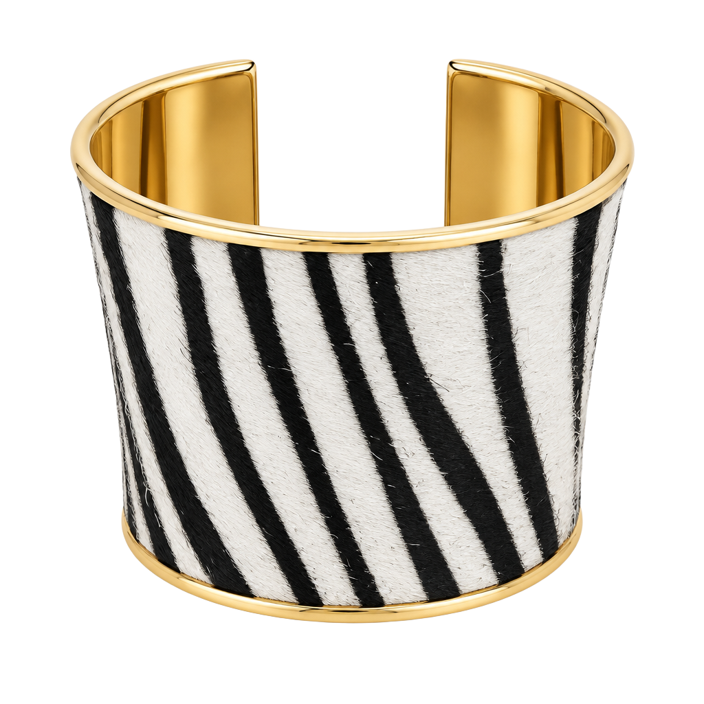 Zebra Print Faux Fur Cuff Bracelet Gold Tone Open Wide Statement Jewelry 1