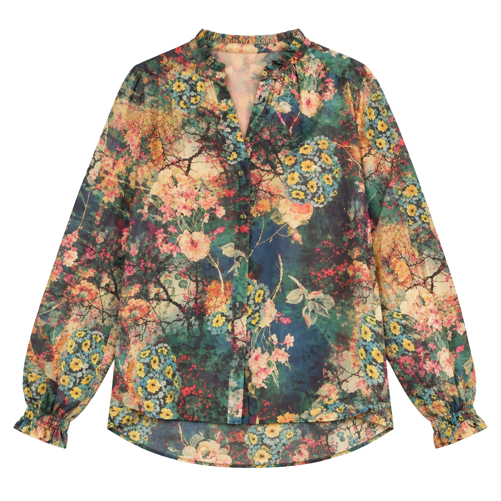 Johnny Was Traviata Leda Silk Button-Down Blouse Size Medium Floral Ruffle 1