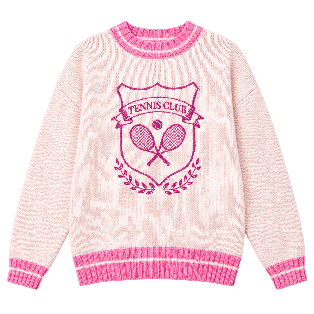 Fantastic Fawn Tennis Club Graphic Knit Crewneck Pullover Sweater Pink/White S 1