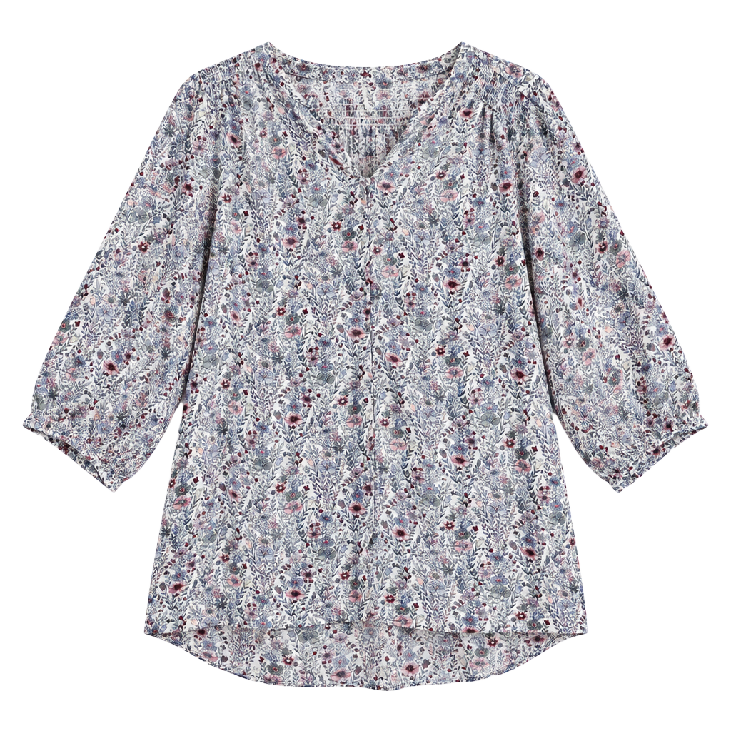 Rose + Olive Floral Blouse Size 1X White Blue Pink Smocked V-Neck Tunic 1