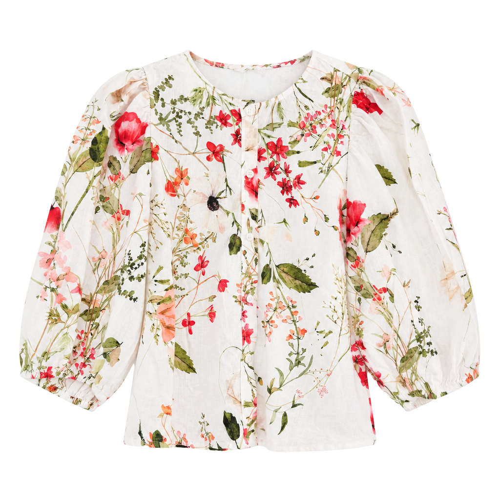H&M Floral Blouse Size M Linen Blend Puff Sleeve Button Front Top 1