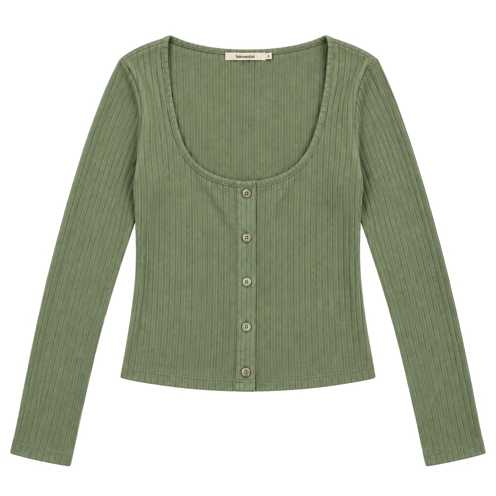 Mi Ami Long Sleeve Top Size L Green Ribbed Square Neck Button Front 1