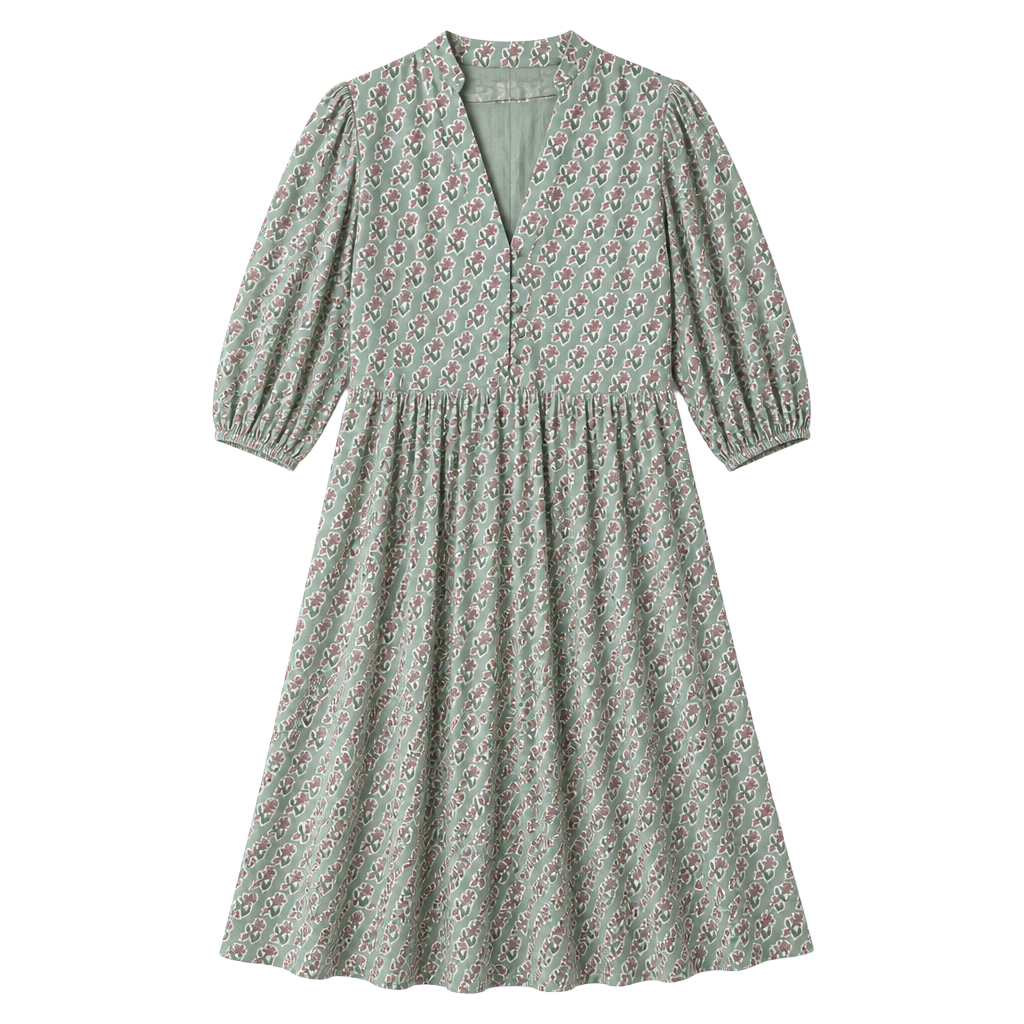 Marea Mint Green Block Print House Dress 1