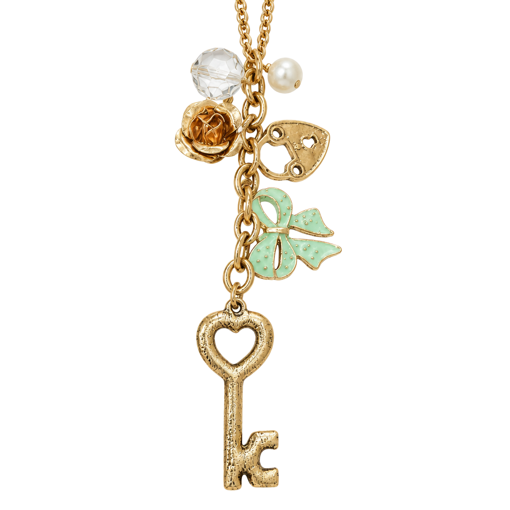Juicy Couture Gold Tone Charm Necklace Key Heart Bow 1
