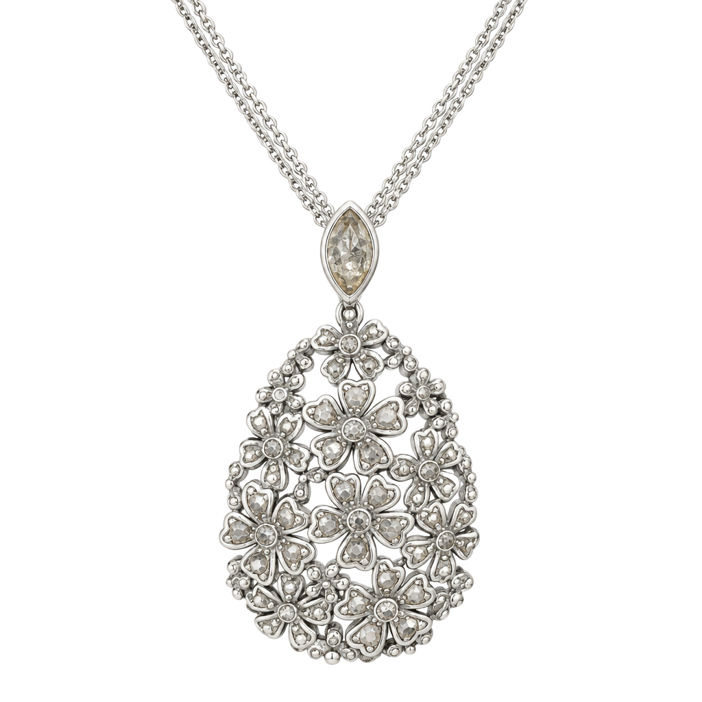 Avon Jose Barrera Silver Teardrop Pendant Necklace with Marcasite Flowers 1