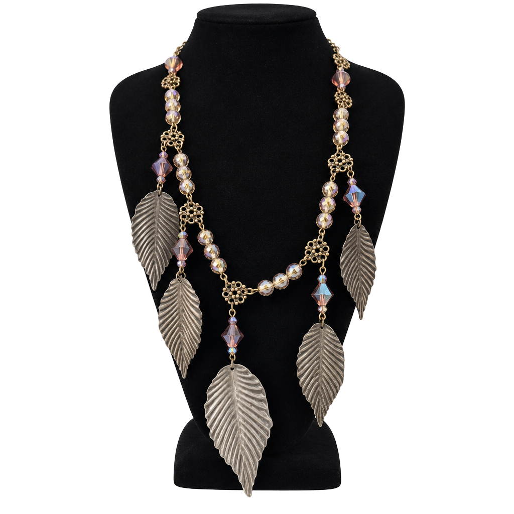 Vintage Beaded Leaf Pendant Necklace with Crystal and Metal Accents 1