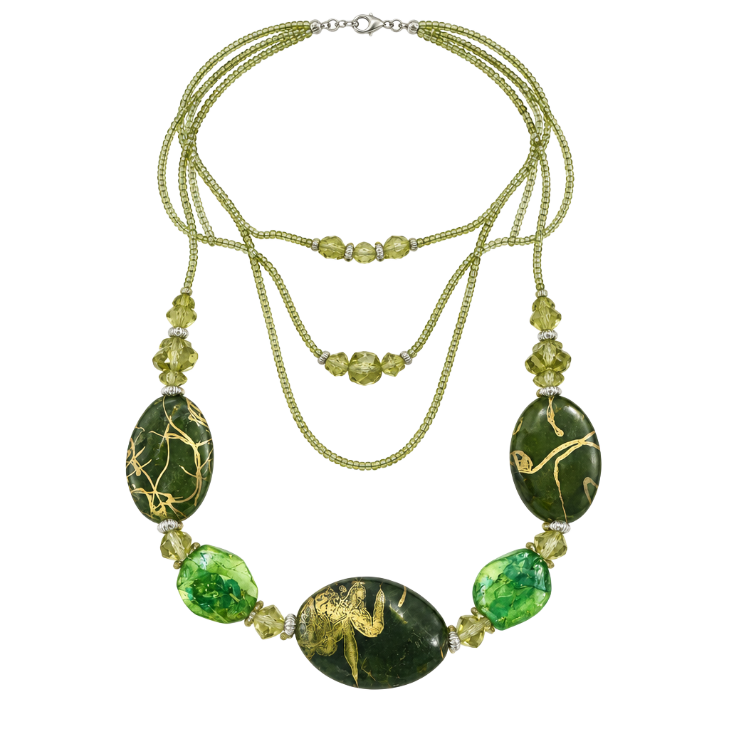 Green and Gold Murano Glass Beaded Long Necklace with Gold Chain 1
