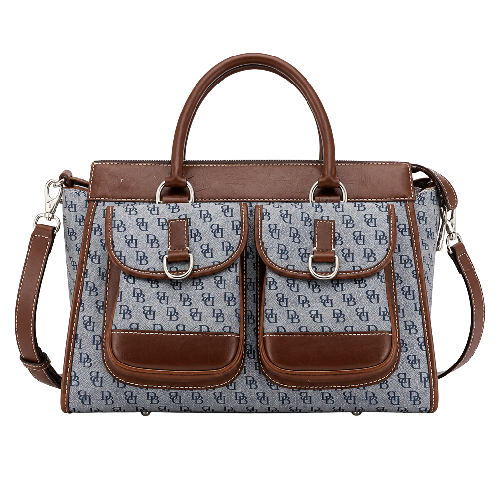 Authentic Dooney & Bourke Signature Handbag with Leather Trim Double Pocket Satchel 1