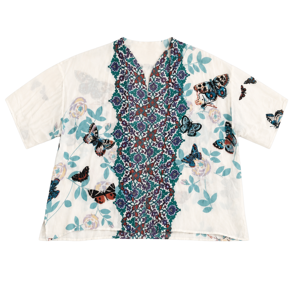 Citron women’s Sz PL 100% silk cardigan kimono top butterfly floral boho garden 1