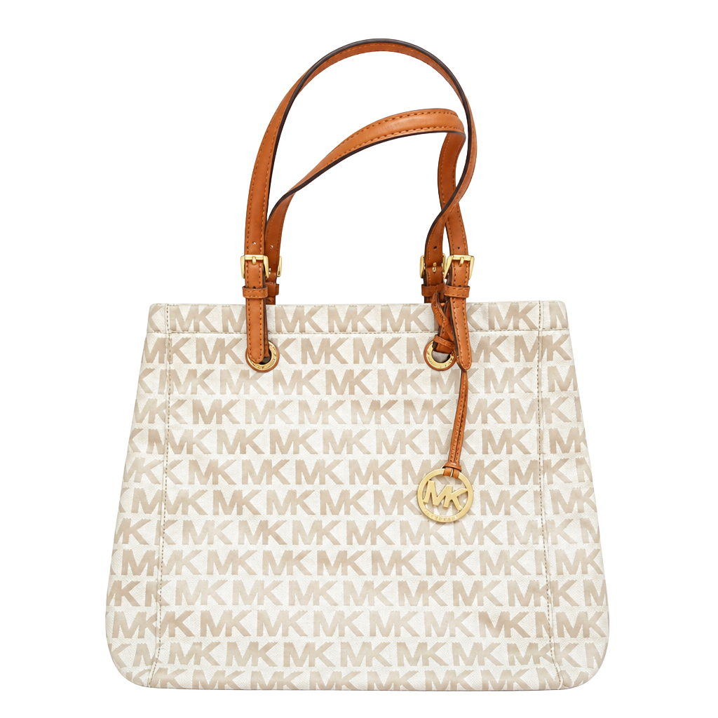 Michael Kors Signature MK Monogram Canvas Tote Bag with Tan Leather Trim 1
