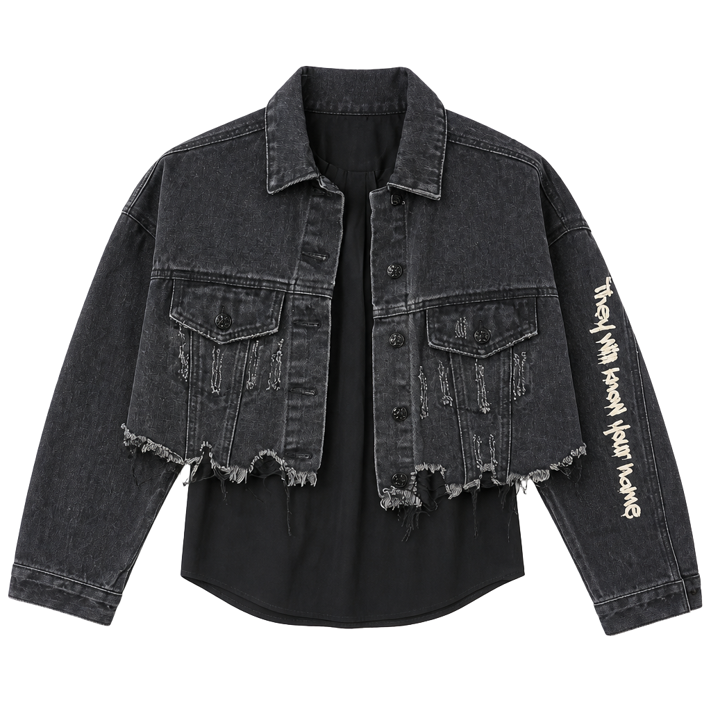 Trio Urban Black Distressed Crop Denim Jacket Marilyn Monroe graffiti Text S/M 1