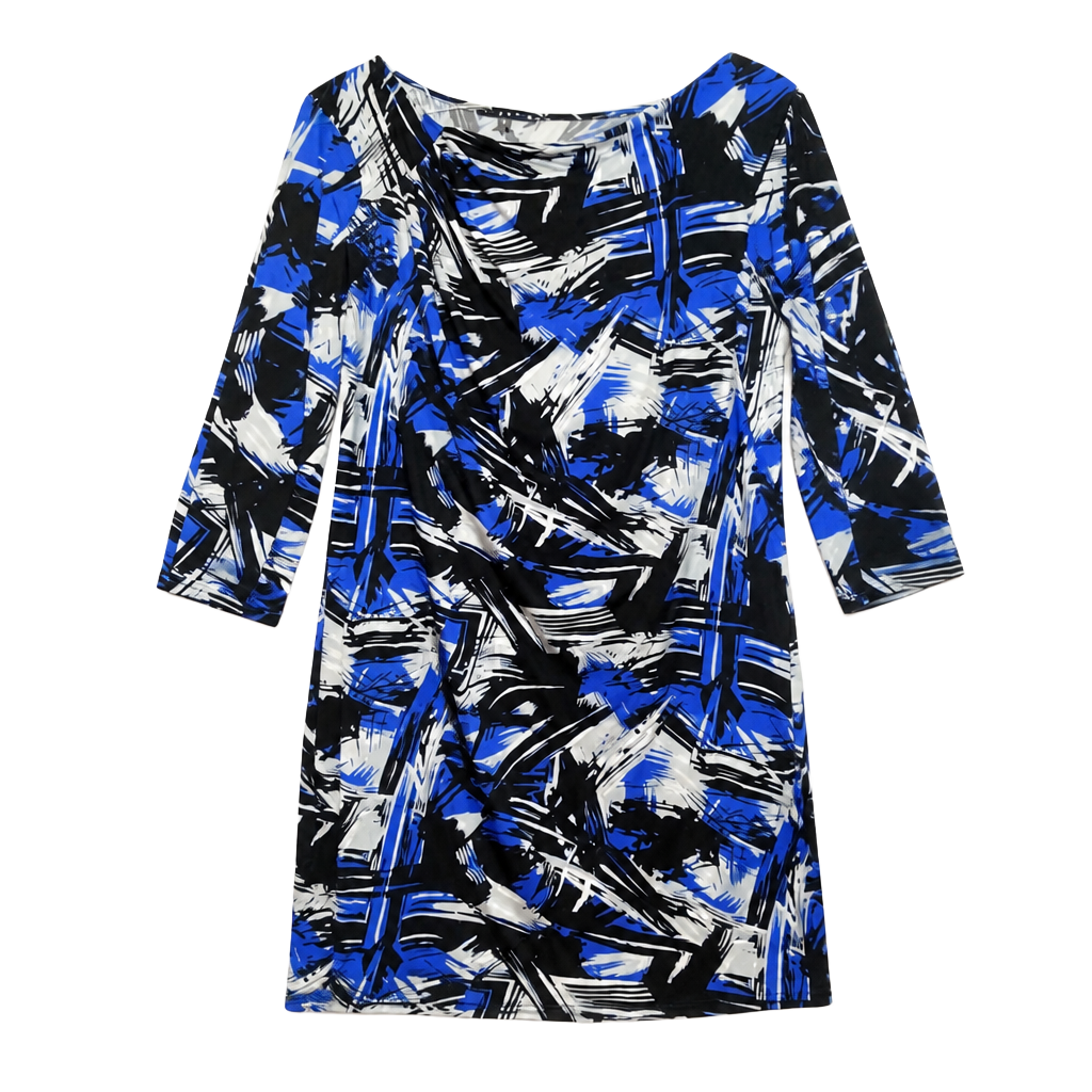 Tiana B. Women's XL Blue Black Abstract asymmetrical Drape Neck Sheath Dress 1