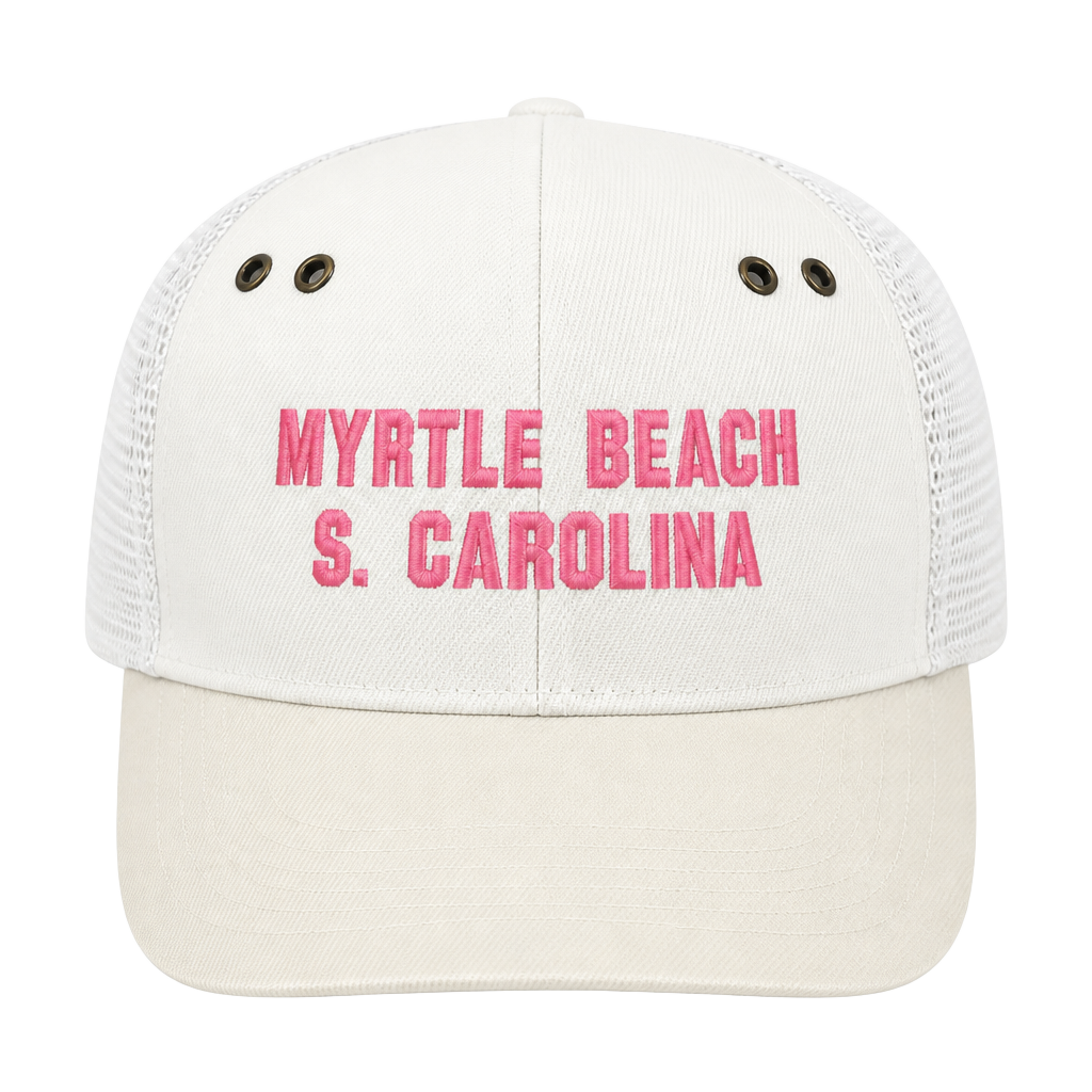 Souvenir Myrtle Beach South Carolina Trucker Hat White Pink 1
