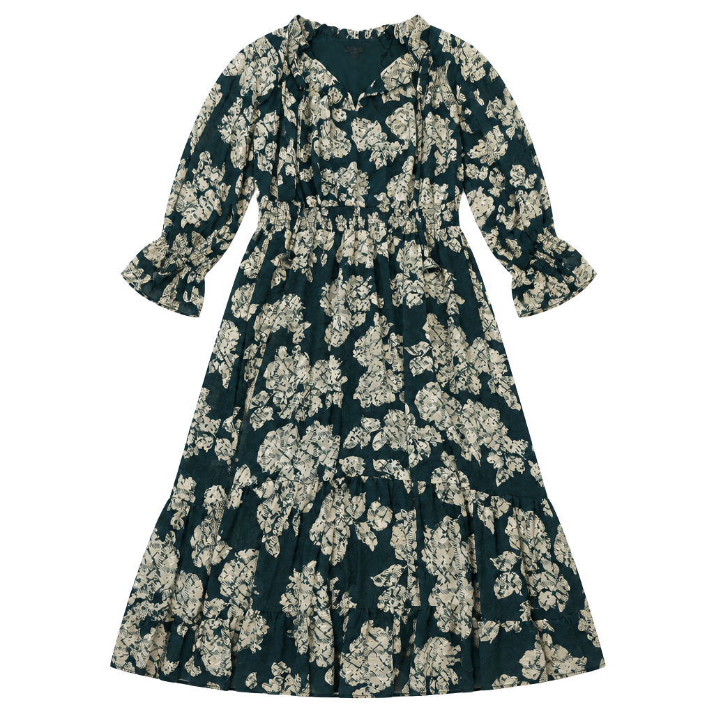Vince Camuto Long Sleeve Smocked Maxi Dress Size XL Forest Green Floral 1