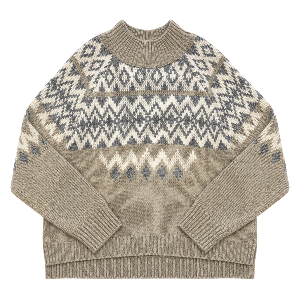 Lucky Brand Fair Isle Mock Neck Sweater Size XL Beige Gray Knit Pullover 1