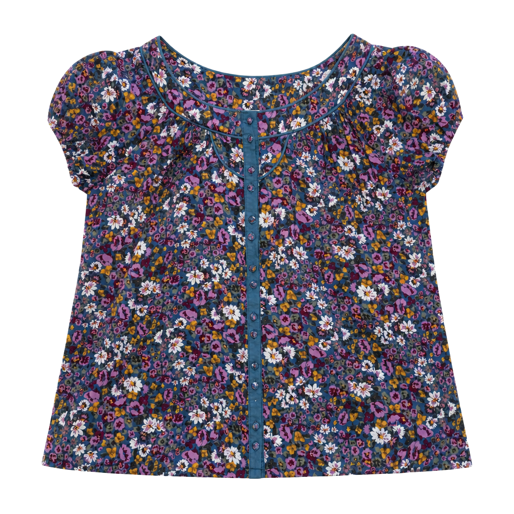 Charlotte Russe Floral Blouse Size M Blue Cotton Short Sleeve 1