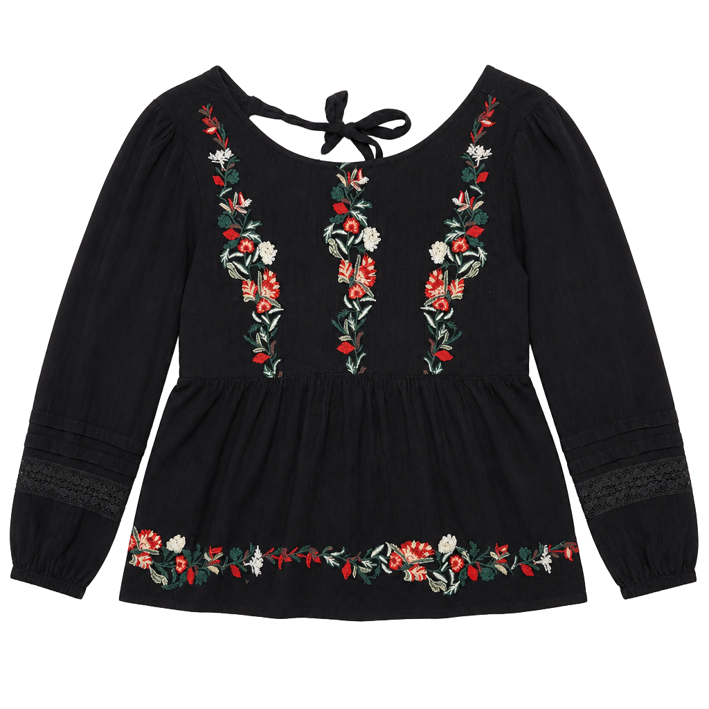 American Eagle Black Floral Embroidered Peasant Blouse Size XS 1