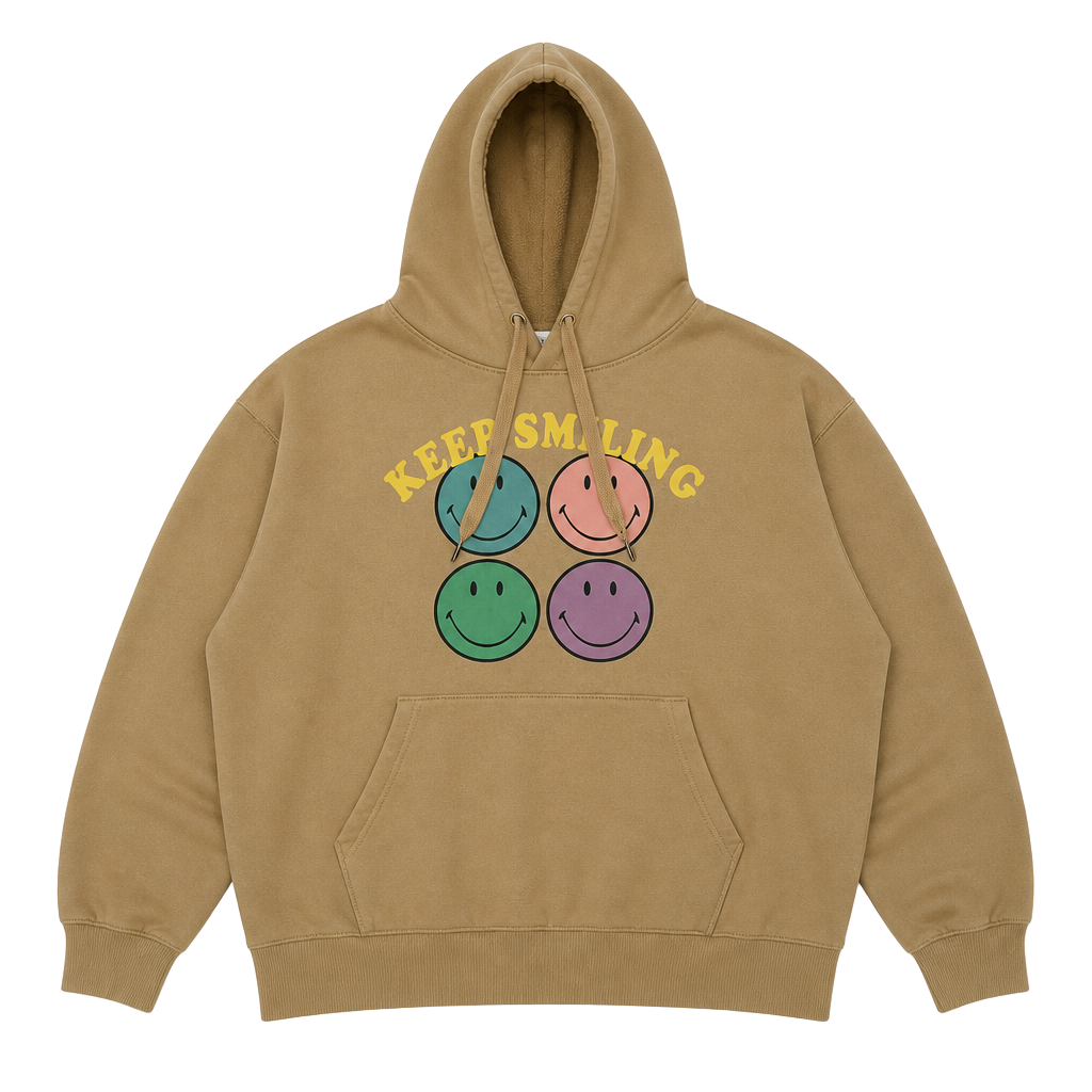 American Eagle Huggable Happy Face Hoodie Size L Keep Smiling Tan 1