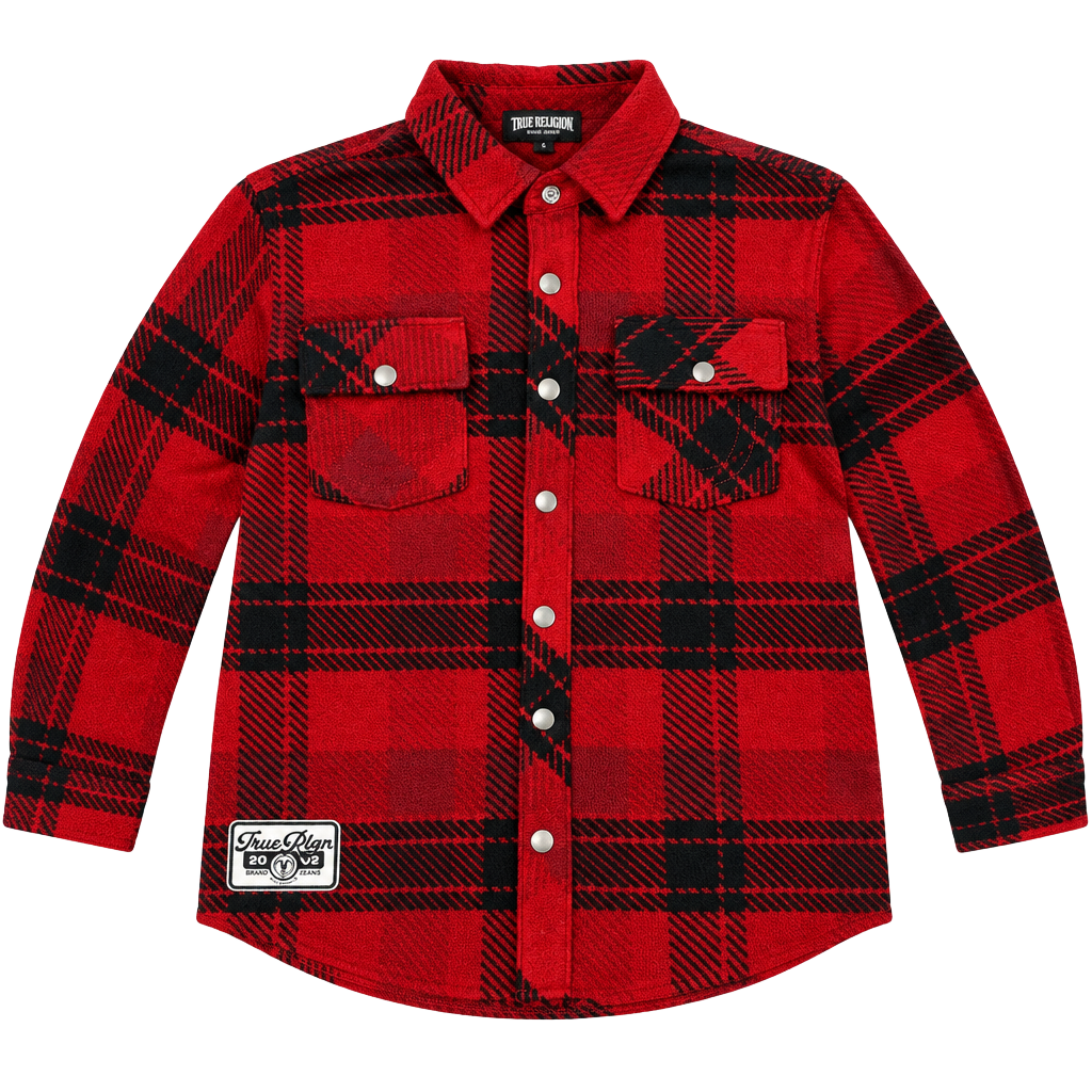 True Religion Polar Fleece Shacket Red Plaid Snap Button Shirt Small 1