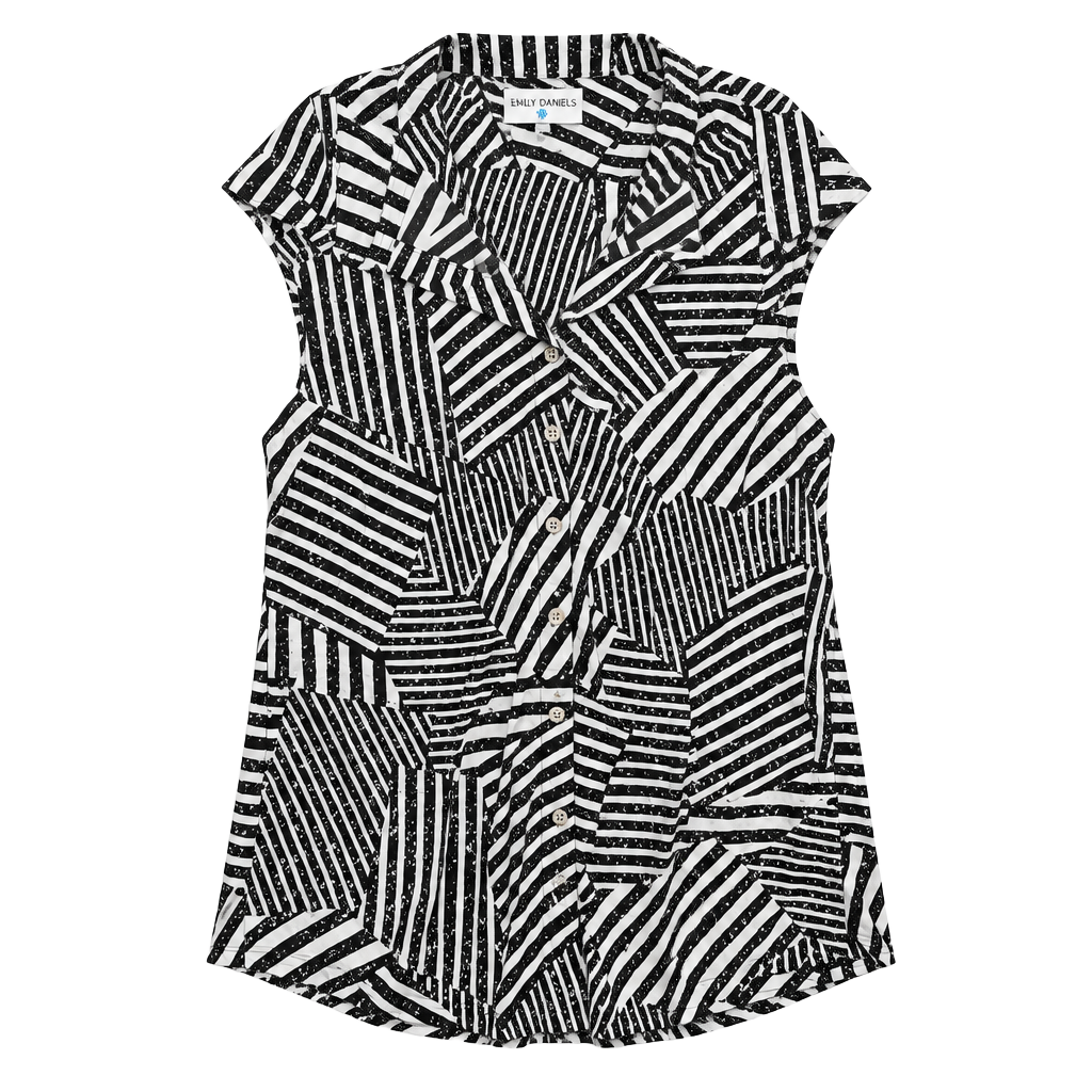 Emily Daniels Black & White Abstract Geometric Print Sleeveless Button Down Blouse NWT 1