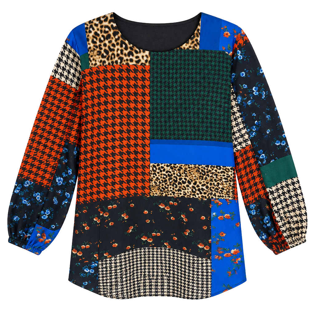 Calvin Klein Blouse Size L Multicolor Patchwork Houndstooth Floral 1