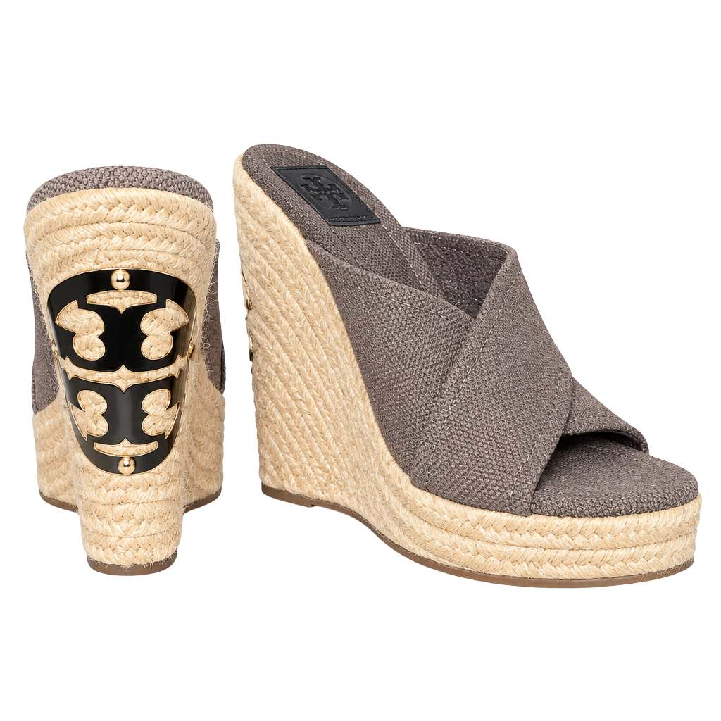 Tory Burch Brown Canvas Wedge Sandals with Gold Accent 1